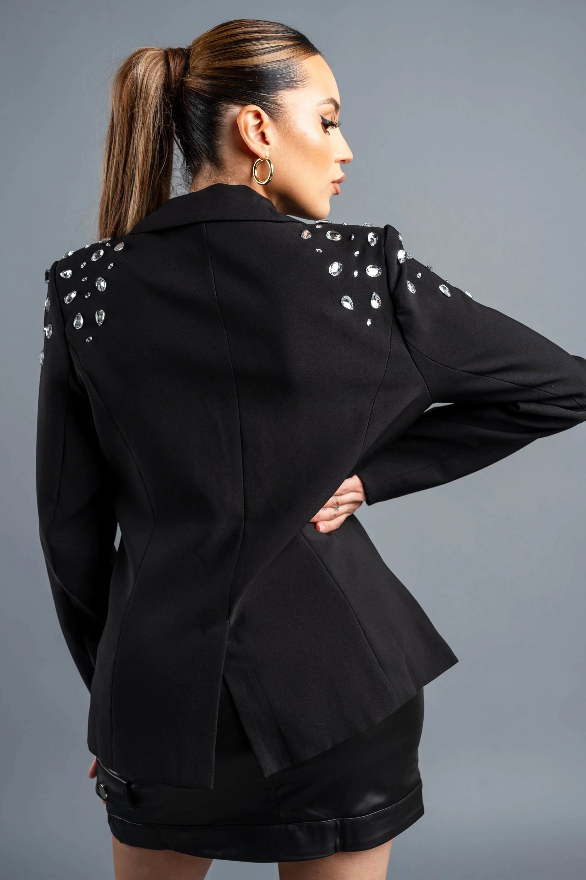 Rhinestone embellished blazer jacket by Privy, featuring sparkling rhinestone details on a stylish tailored jacket.