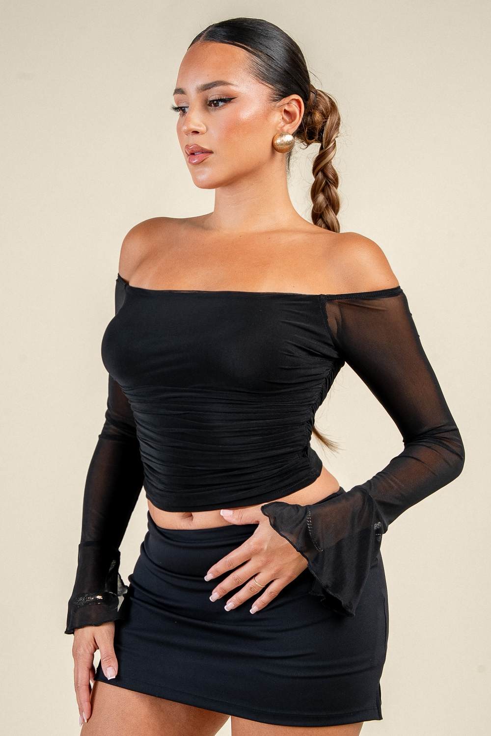 Privy Off-Shoulder Ruched Bell-Sleeve Top – Black – alternate view