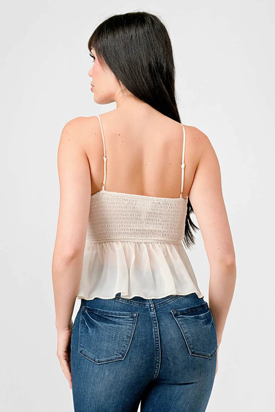 CHEALSEA CHIFFON SWEETHEART SMOCKED BACK RUCHED RUFFLED SHEER CAMI TOP - Vella Moda