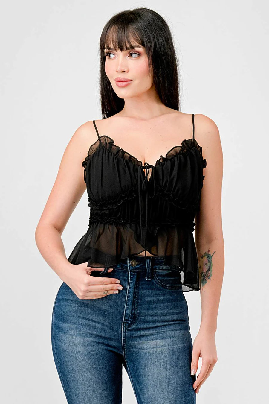 CHEALSEA CHIFFON SWEETHEART SMOCKED BACK RUCHED RUFFLED SHEER CAMI TOP - Vella Moda
