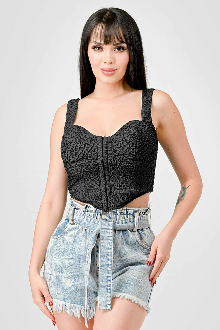 CRINKLE STRETCH KNIT SWEETHEART HOOKED BUSTIER CROPPED TOP - Vella Moda