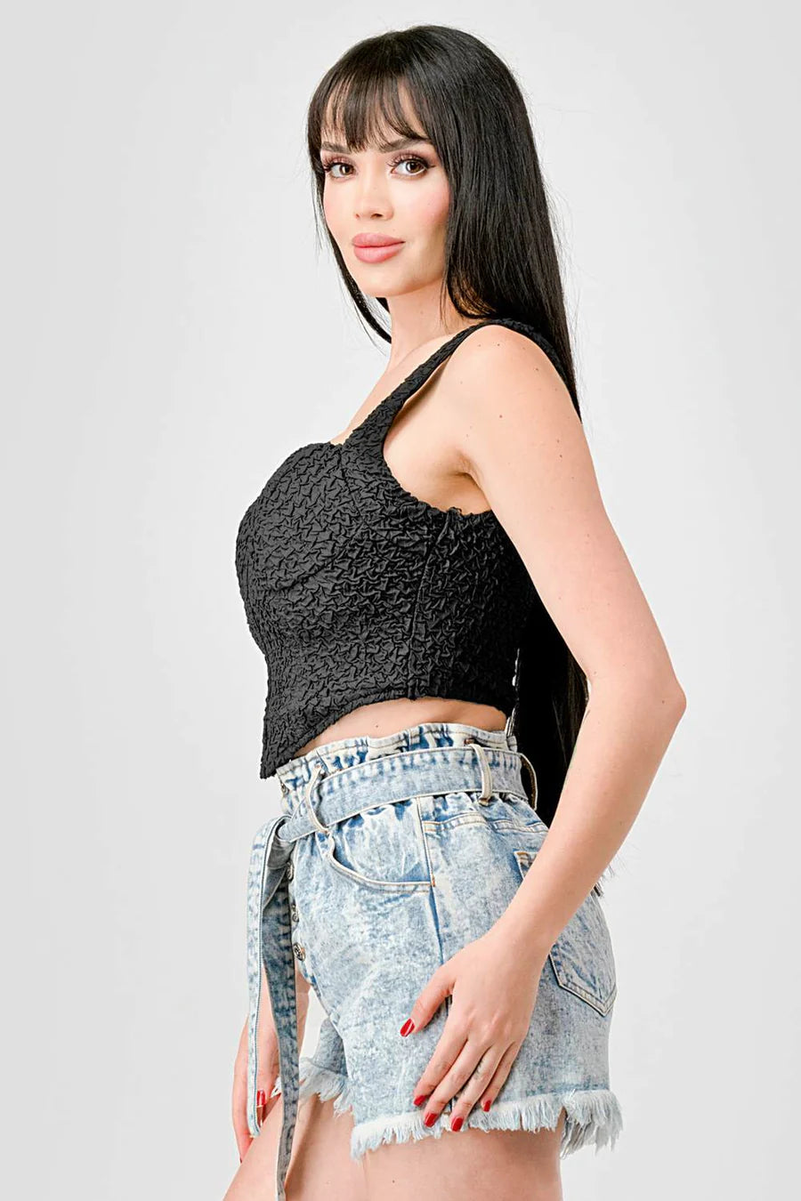 CRINKLE STRETCH KNIT SWEETHEART HOOKED BUSTIER CROPPED TOP - Vella Moda