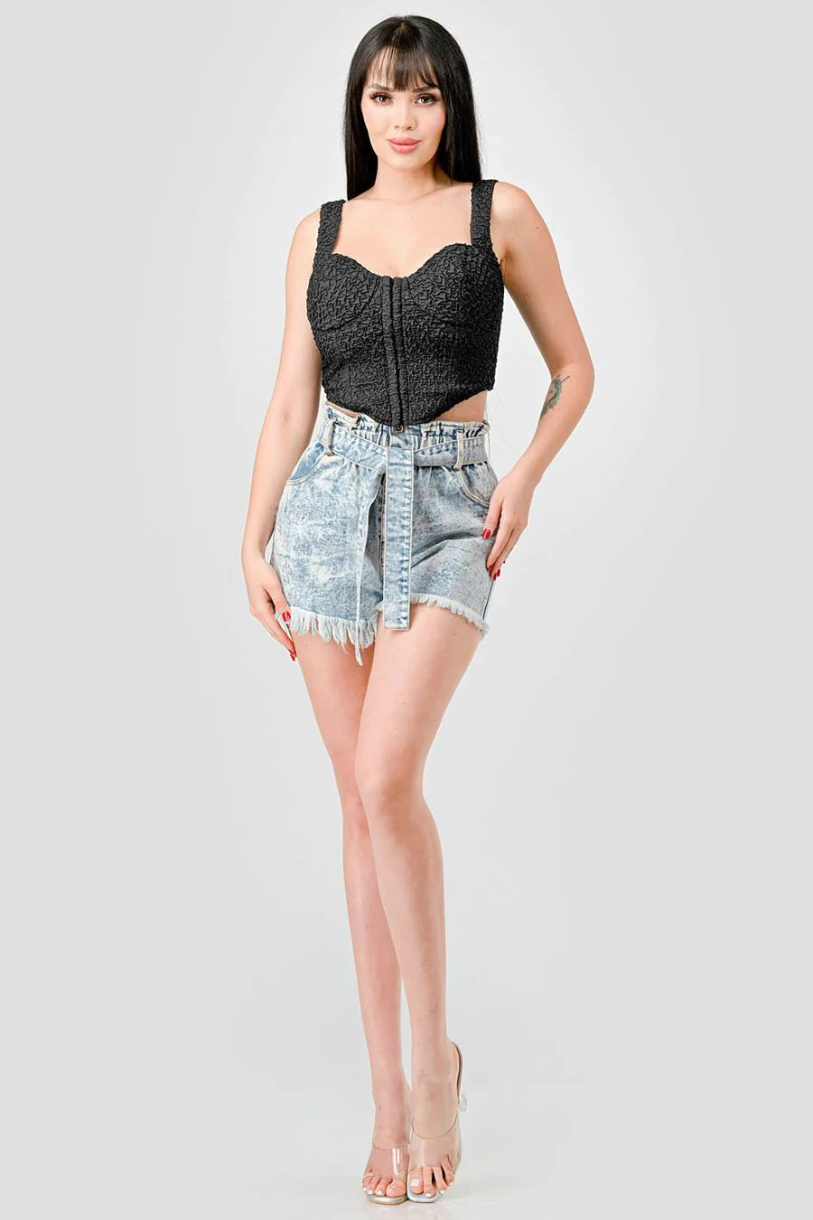 CRINKLE STRETCH KNIT SWEETHEART HOOKED BUSTIER CROPPED TOP - Vella Moda