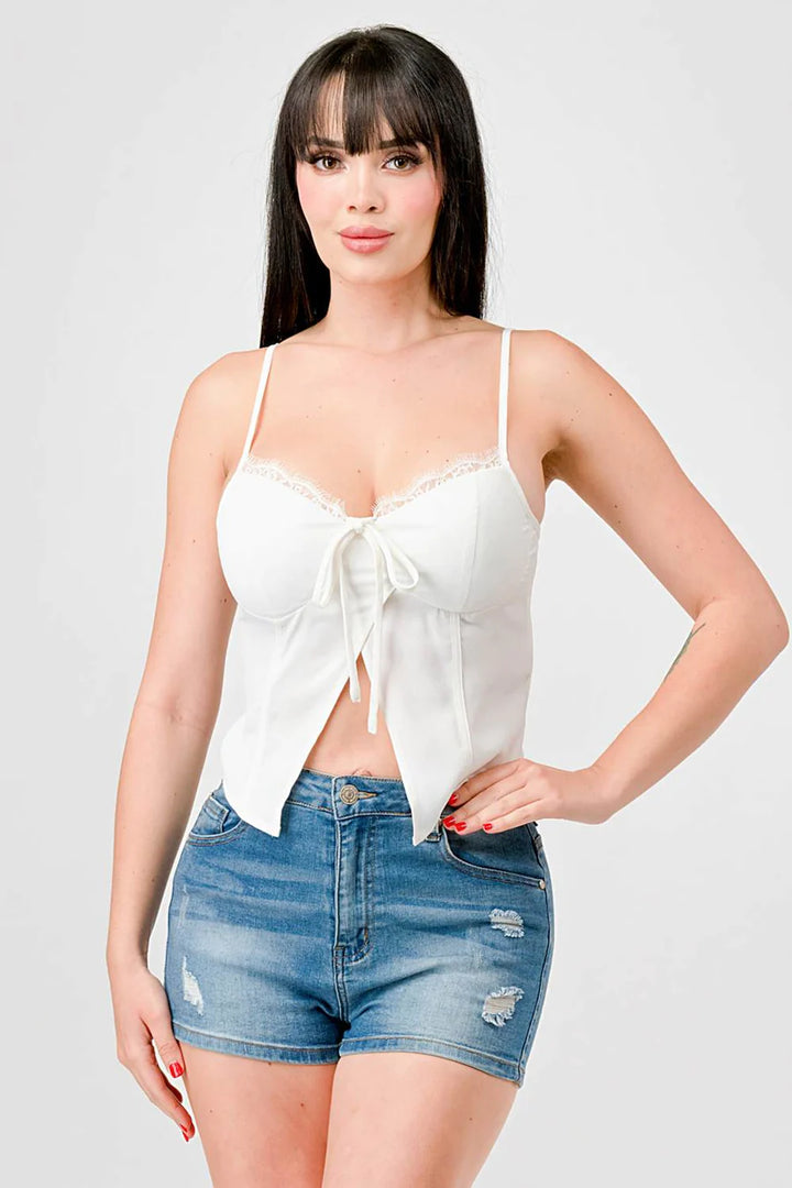 LUXE LACE TRIM SWEETHEART DRAWSTRING BOW ZIPPER CLOSURE BACK CAMI TOP - Vella Moda