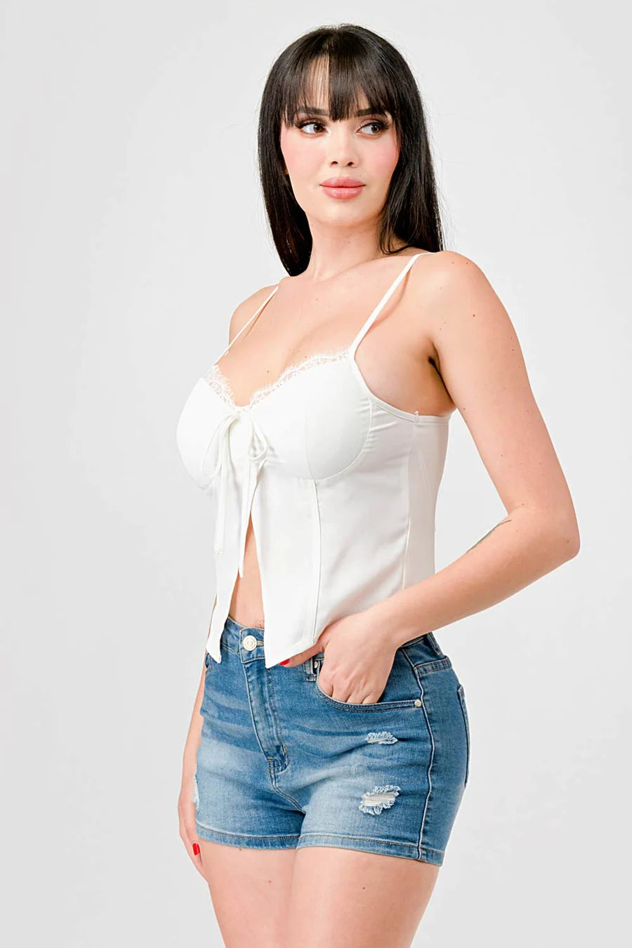 LUXE LACE TRIM SWEETHEART DRAWSTRING BOW ZIPPER CLOSURE BACK CAMI TOP - Vella Moda