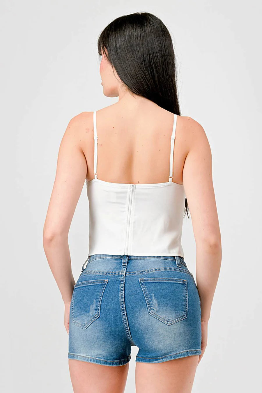 LUXE LACE TRIM SWEETHEART DRAWSTRING BOW ZIPPER CLOSURE BACK CAMI TOP - Vella Moda