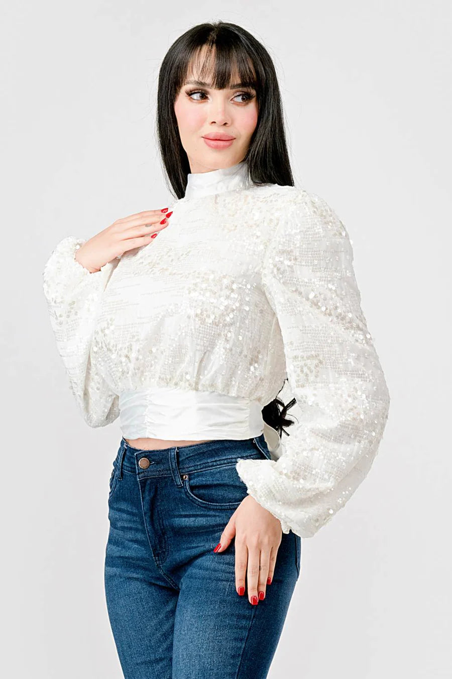 LUXE SEQUINS TEXTURE SATIN OPEN BACK TIE CROPPED TOP - Vella Moda