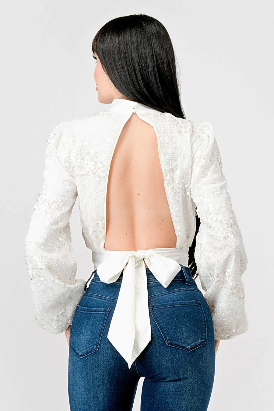 LUXE SEQUINS TEXTURE SATIN OPEN BACK TIE CROPPED TOP - Vella Moda