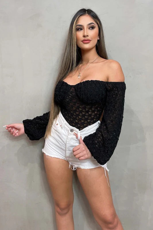 LUXE SHEER LACE OFF SHOULDER LONG SLEEVE BODYSUIT - Vella Moda