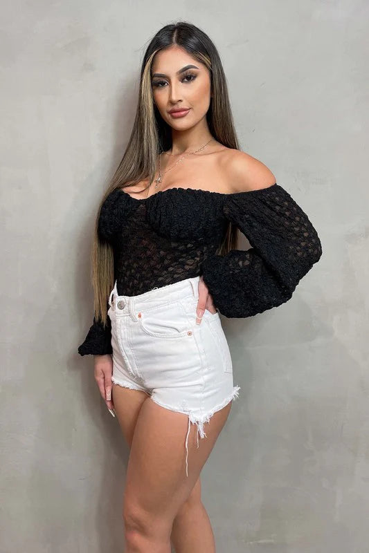 LUXE SHEER LACE OFF SHOULDER LONG SLEEVE BODYSUIT - Vella Moda