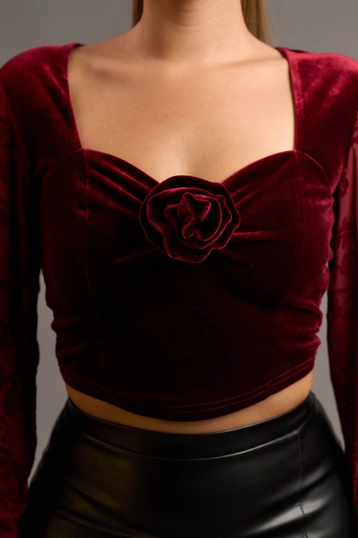 Luxe Velvet Rosette Peasant Crop Top - Vella Moda
