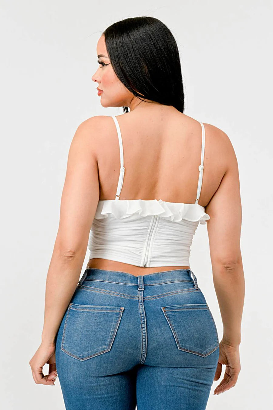 MESH CONTRAST RUCHED SWEETHEART WITH CHIFFON CAMISOLE RUFFLED CROPPED TOP - Vella Moda