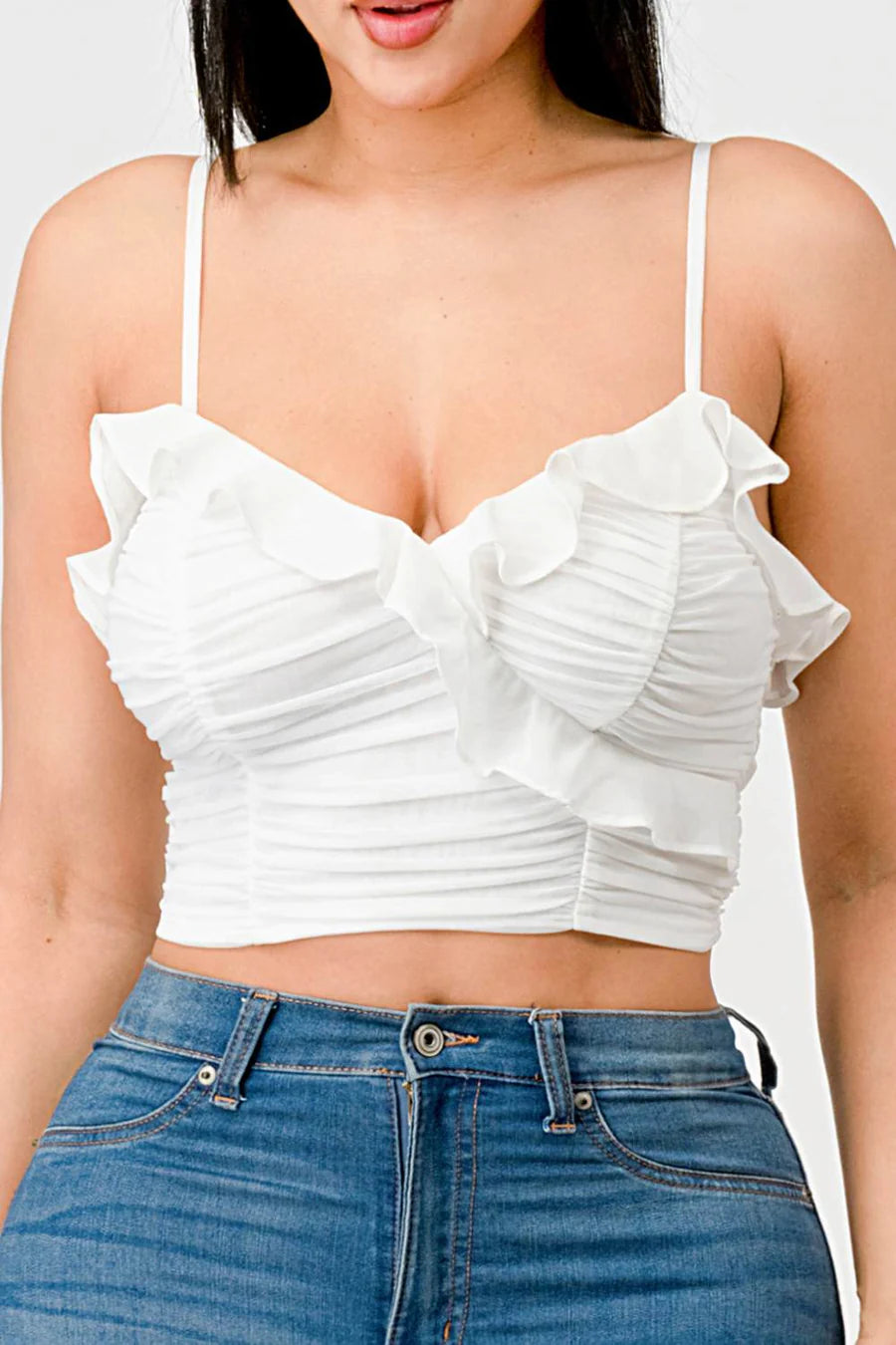 MESH CONTRAST RUCHED SWEETHEART WITH CHIFFON CAMISOLE RUFFLED CROPPED TOP - Vella Moda
