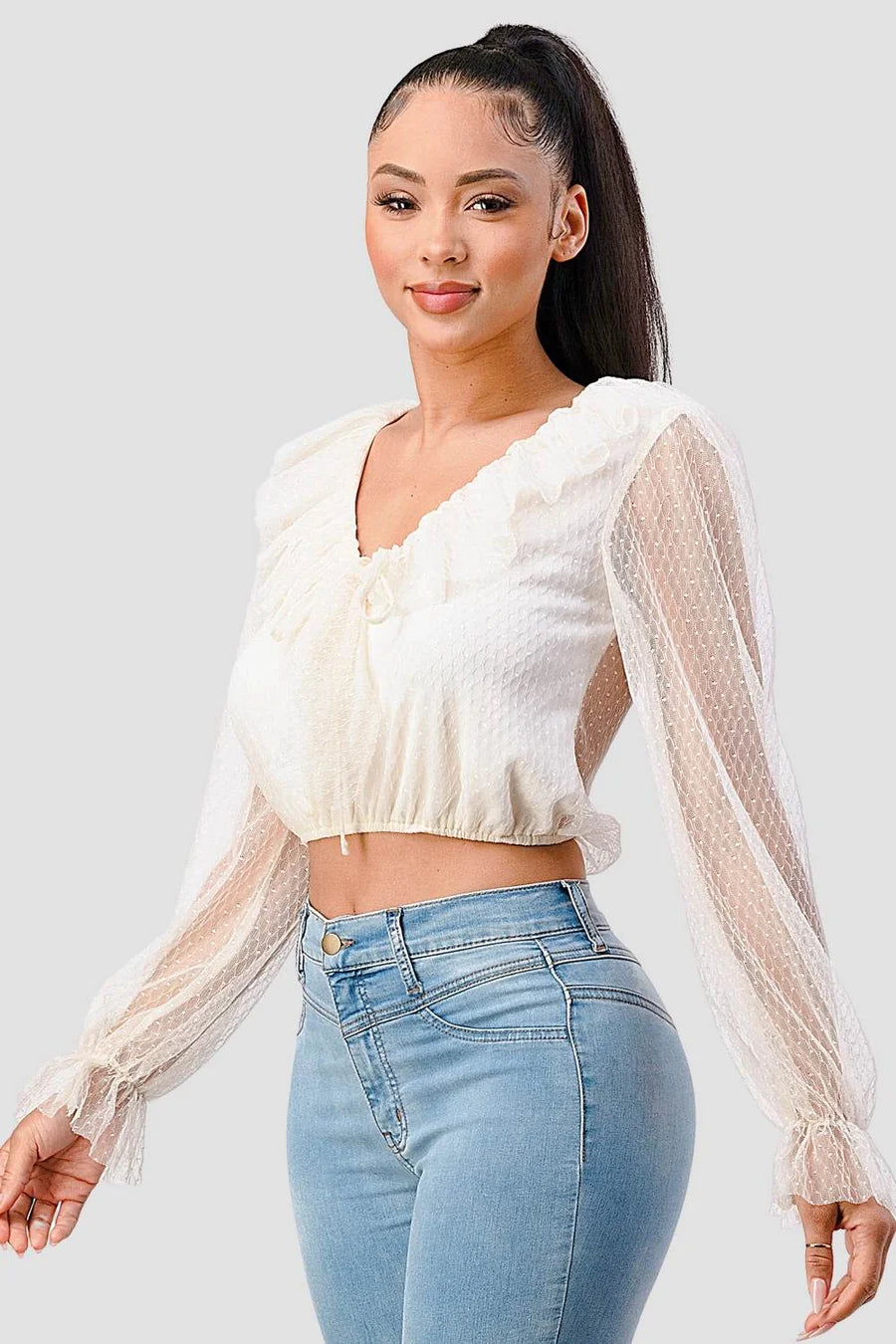 POLKA DOT MESH V-NECK RUFFLE DRAPED DRAWSTRING BOW PUFF LONG SLEEVES CROPPED TOP - Vella Moda