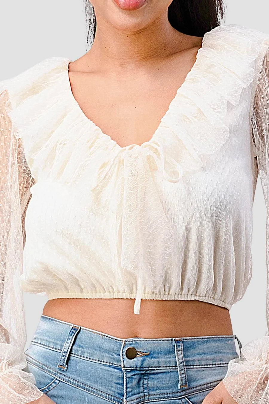 POLKA DOT MESH V-NECK RUFFLE DRAPED DRAWSTRING BOW PUFF LONG SLEEVES CROPPED TOP - Vella Moda
