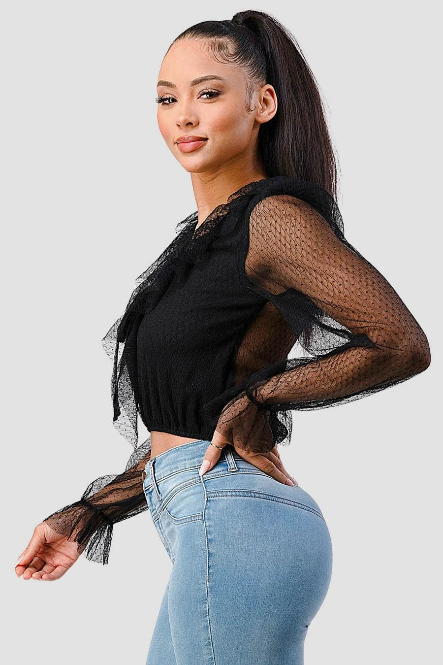 POLKA DOT MESH V-NECK RUFFLE DRAPED DRAWSTRING BOW PUFF LONG SLEEVES CROPPED TOP - Vella Moda