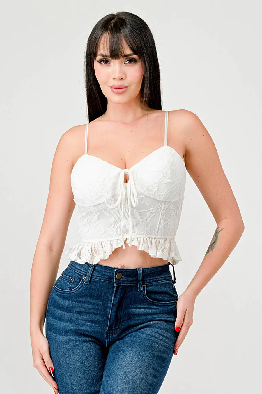 SUPER STRETCH COTTON LACE SWEETHEART DRAWSTRING RUFFLED CROPPED CAMI TOP - Vella Moda