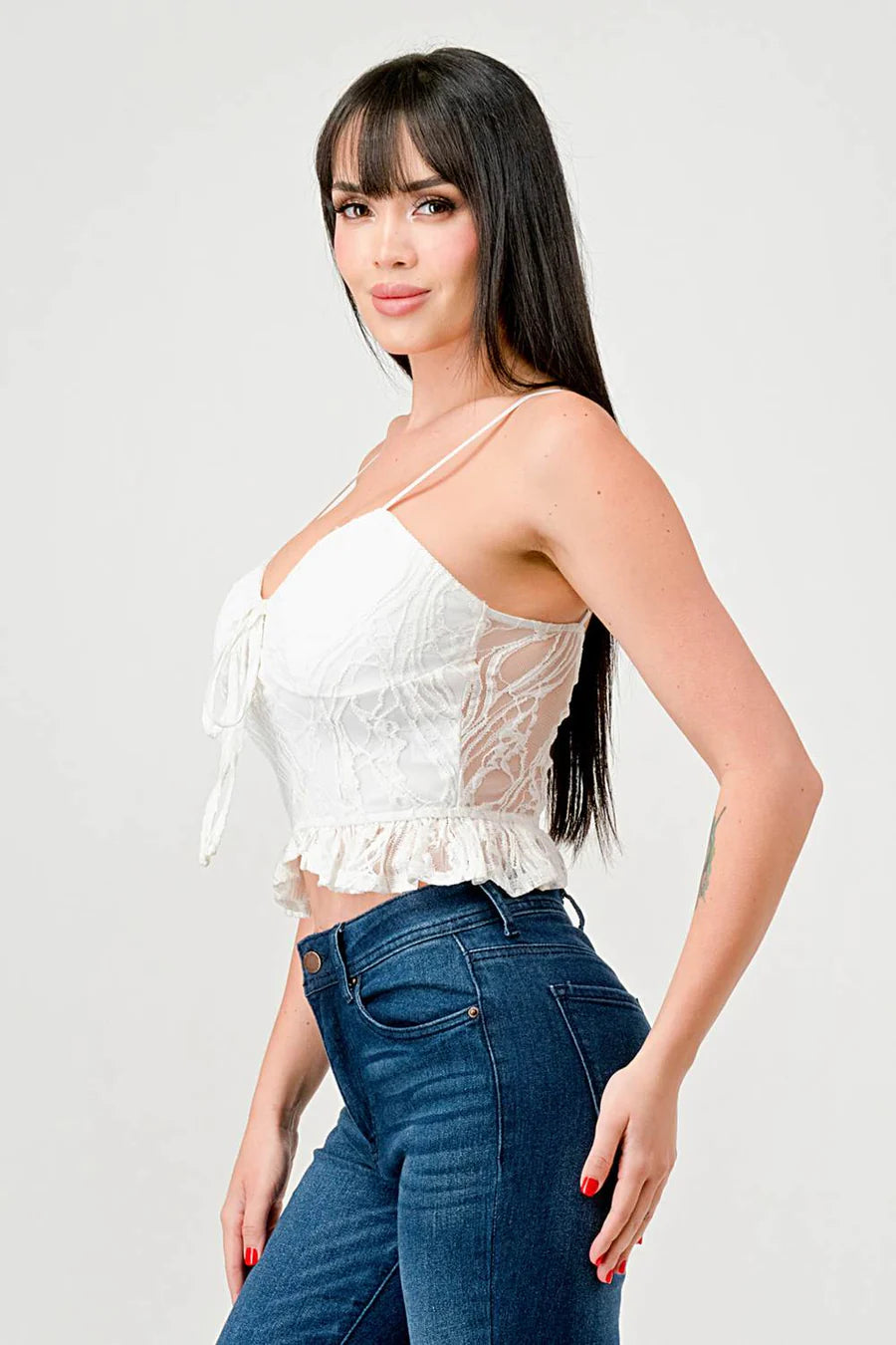 SUPER STRETCH COTTON LACE SWEETHEART DRAWSTRING RUFFLED CROPPED CAMI TOP - Vella Moda