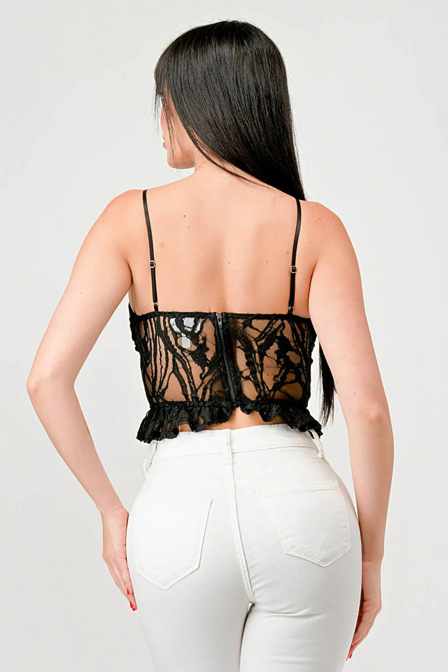 SUPER STRETCH COTTON LACE SWEETHEART DRAWSTRING RUFFLED CROPPED CAMI TOP - Vella Moda
