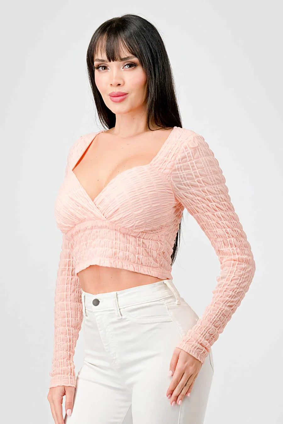 TEXTURED SWEETHEART LONG SLEEVES CROPPED TOP - Vella Moda