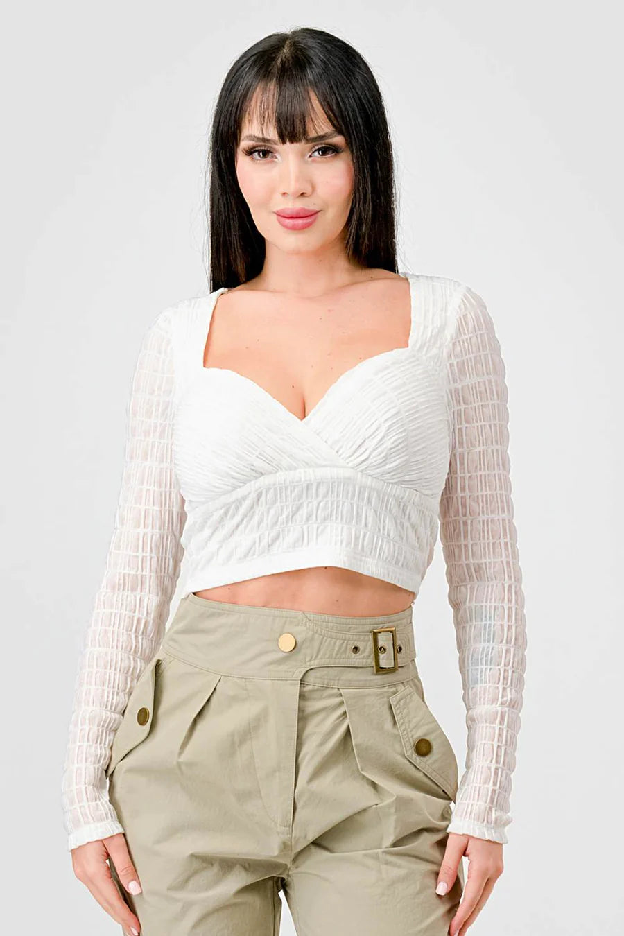 TEXTURED SWEETHEART LONG SLEEVES CROPPED TOP - Vella Moda