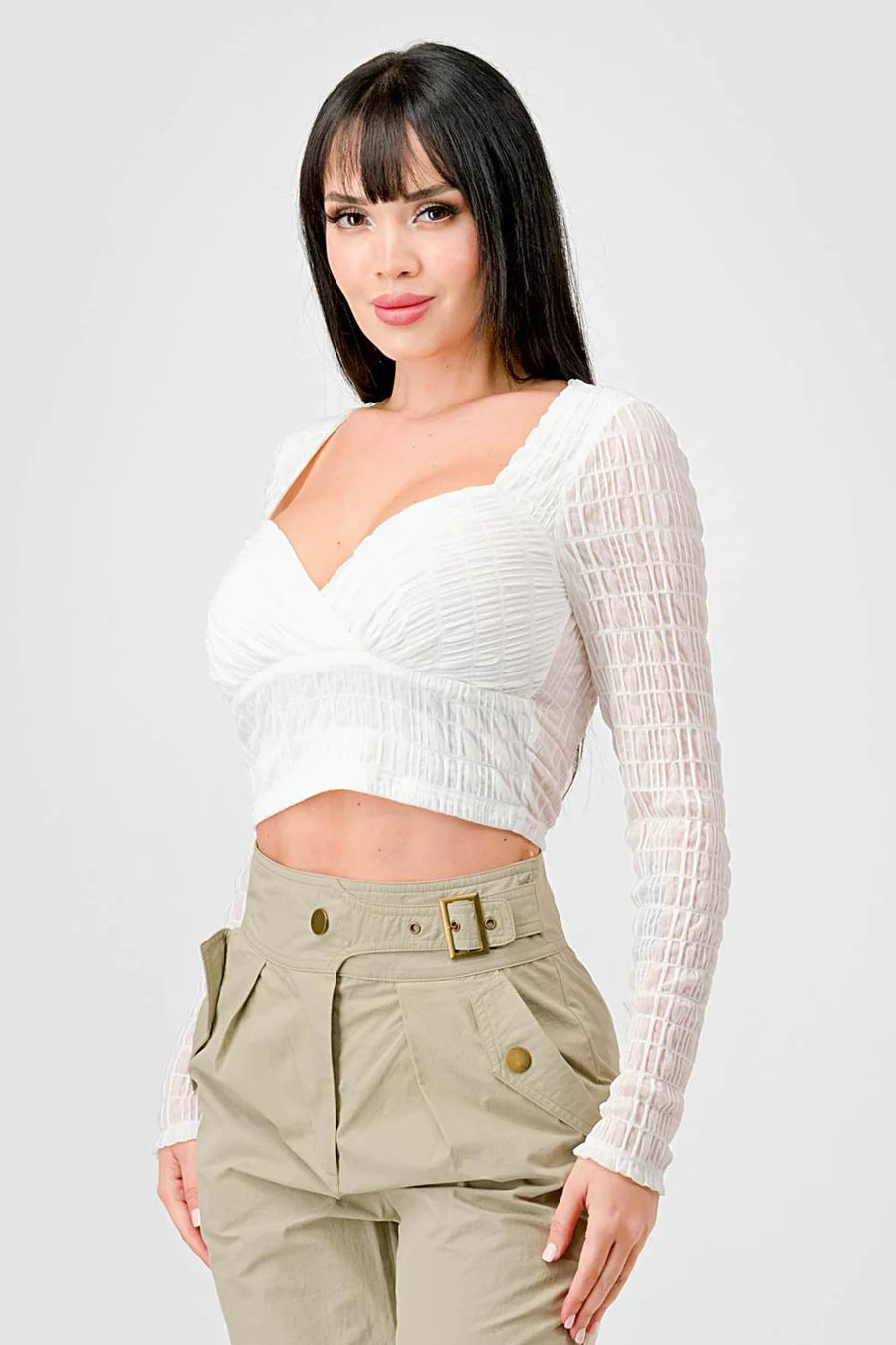 TEXTURED SWEETHEART LONG SLEEVES CROPPED TOP - Vella Moda