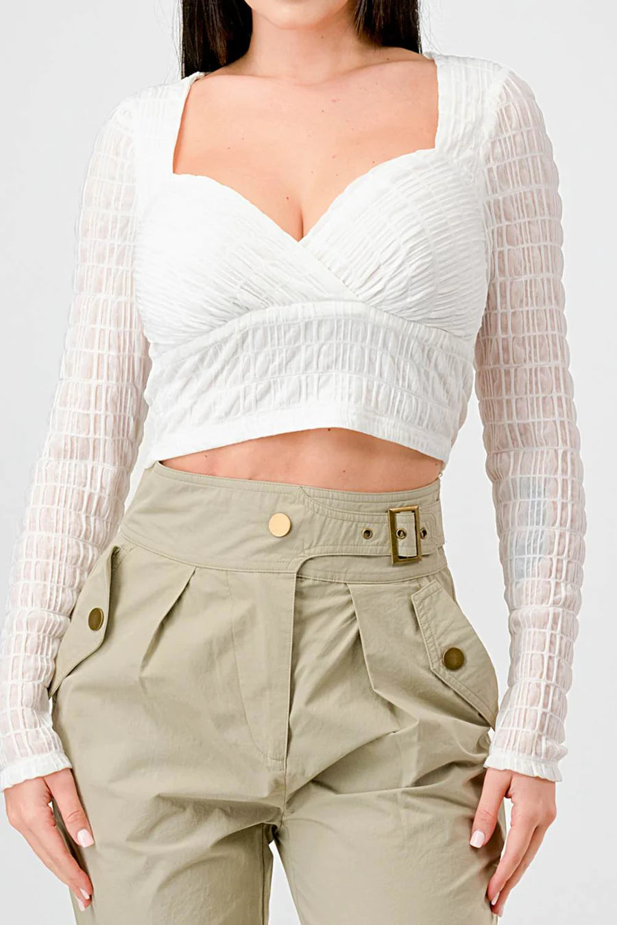 TEXTURED SWEETHEART LONG SLEEVES CROPPED TOP - Vella Moda