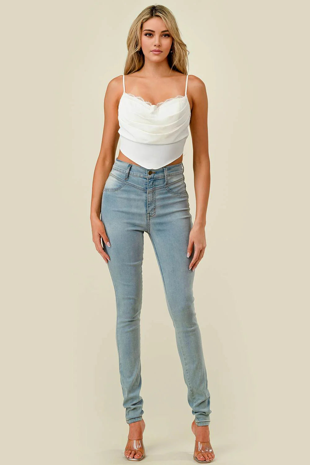 Privy cowl neck back-tie cropped top with long sleeves, featuring a relaxed fit and stylish design, shown on a model.