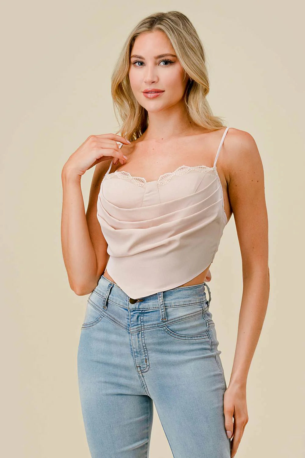 Privy cowl neck back-tie cropped top, stylish and trendy, with a relaxed fit and back tie detail, perfect for casual wear.