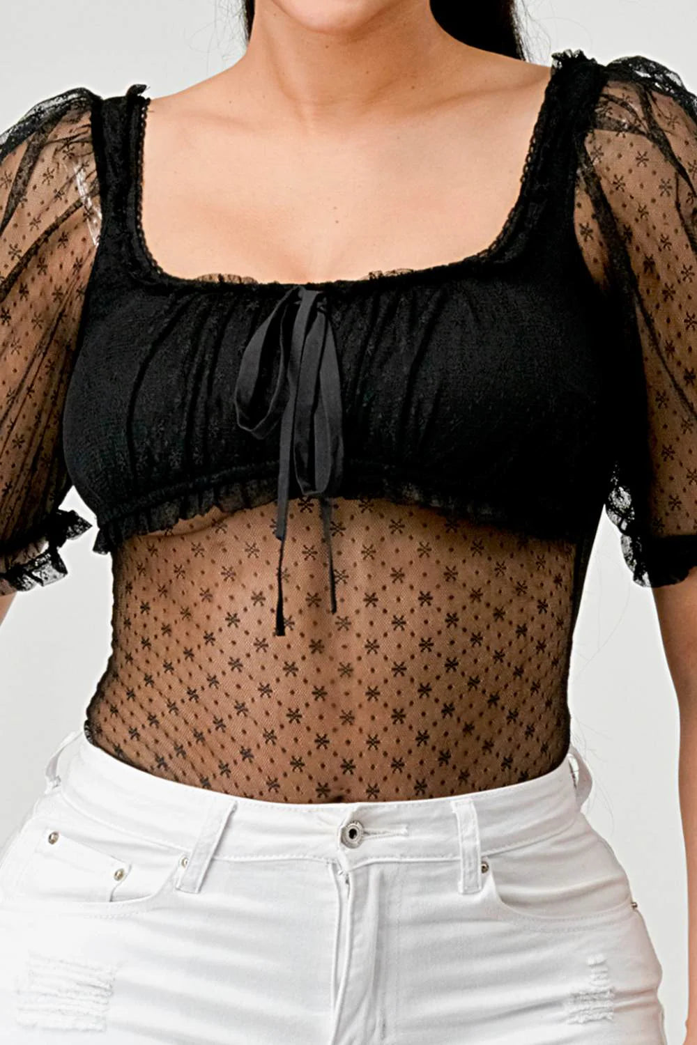 Front detail of black ruched square-neck mesh bodysuit