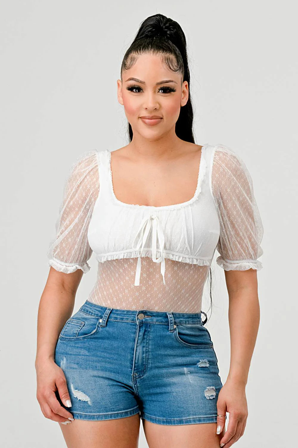Front view of ivory square-neck floral-mesh bodysuit