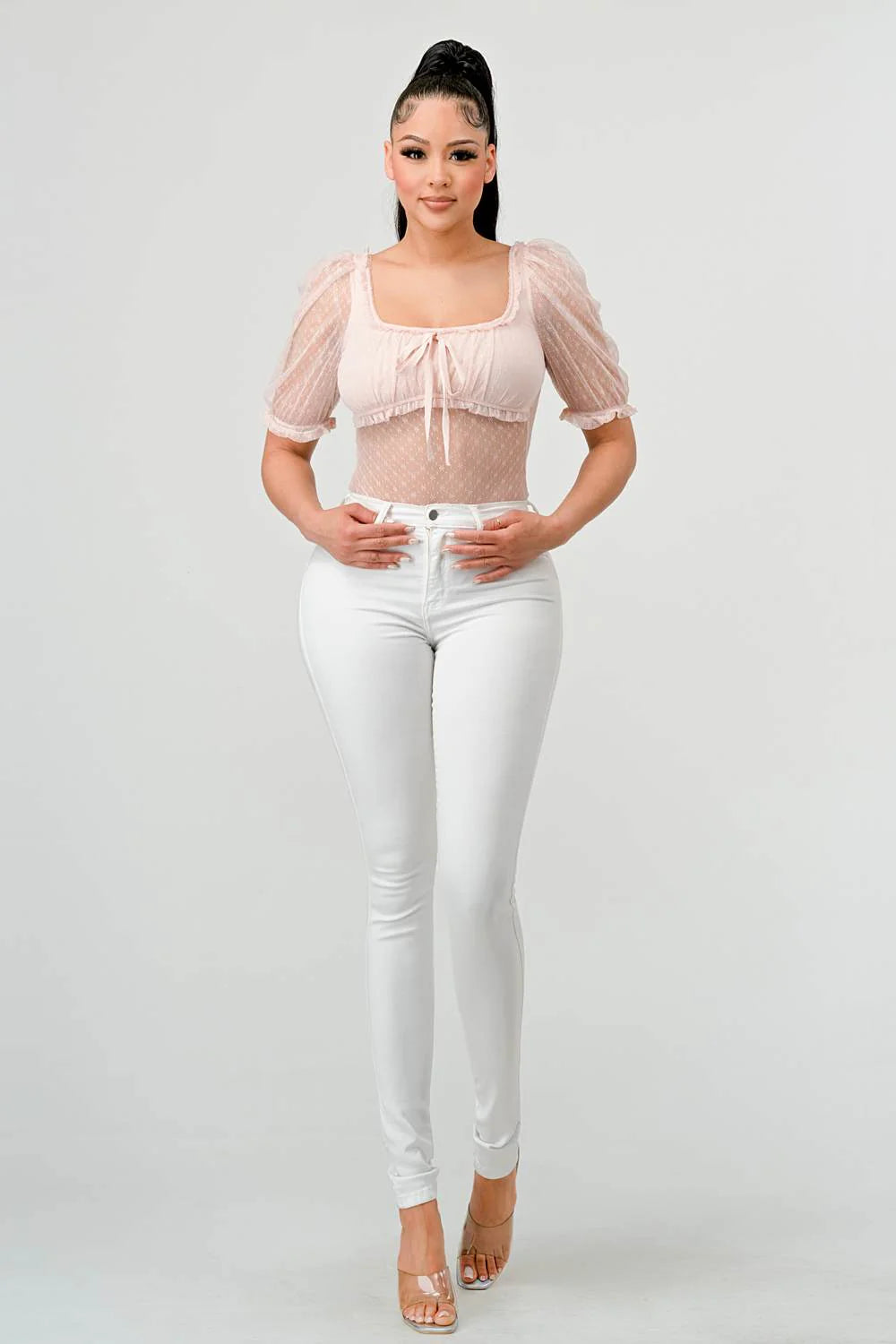 Full front view of pink ruched mesh puff-sleeve bodysuit