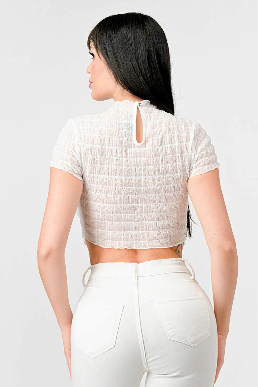 TEXTURED RUFFLED HEM KEYHOLE BACK ASYMMETRICAL CROPPED TOP - Vella Moda
