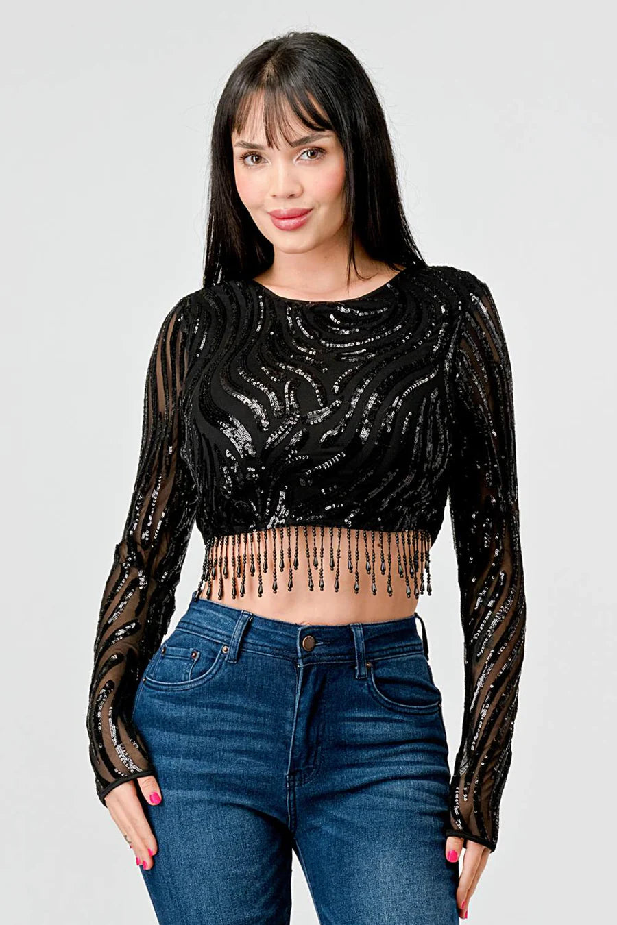 LUXE WAVE SEQUINS LONG SLEEVES STONE FRINGE DETAIL CROPPED TOP - Vella Moda