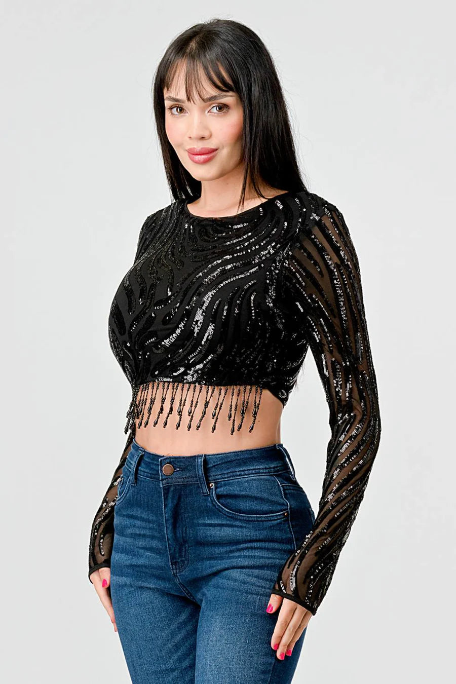 LUXE WAVE SEQUINS LONG SLEEVES STONE FRINGE DETAIL CROPPED TOP - Vella Moda