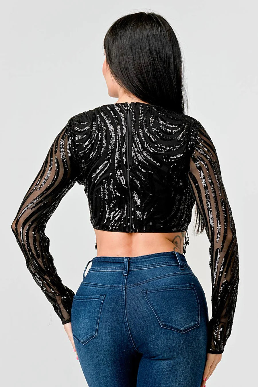 LUXE WAVE SEQUINS LONG SLEEVES STONE FRINGE DETAIL CROPPED TOP - Vella Moda