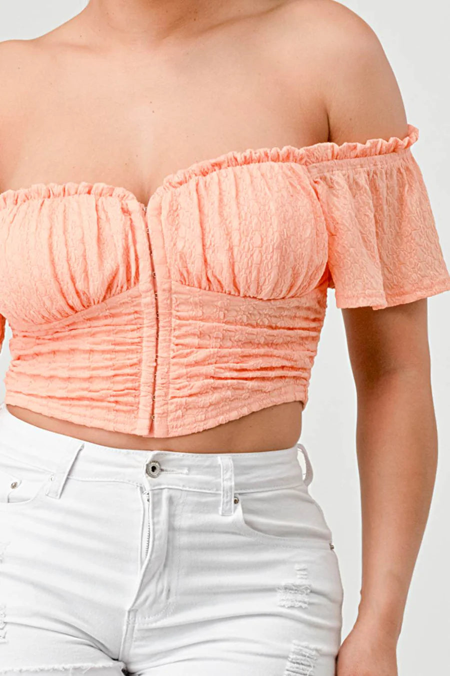 PATTERN KNIT HOOKED RUCHED OFF SHOULDER CROP TOP - Vella Moda