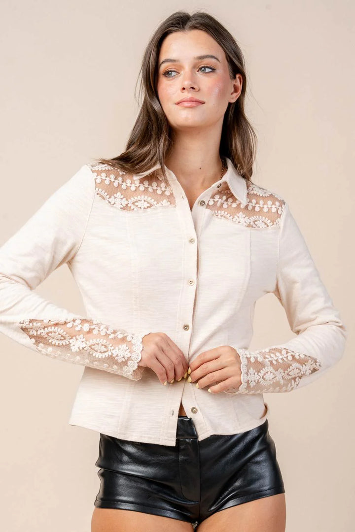 Lace Panel Button Down Knit Top