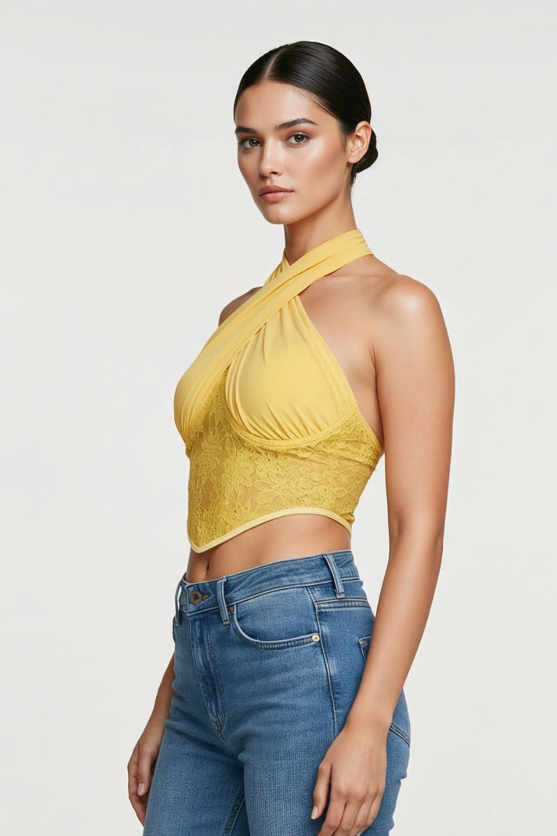 Sheer mesh lace halter corset top in yellow – angled view