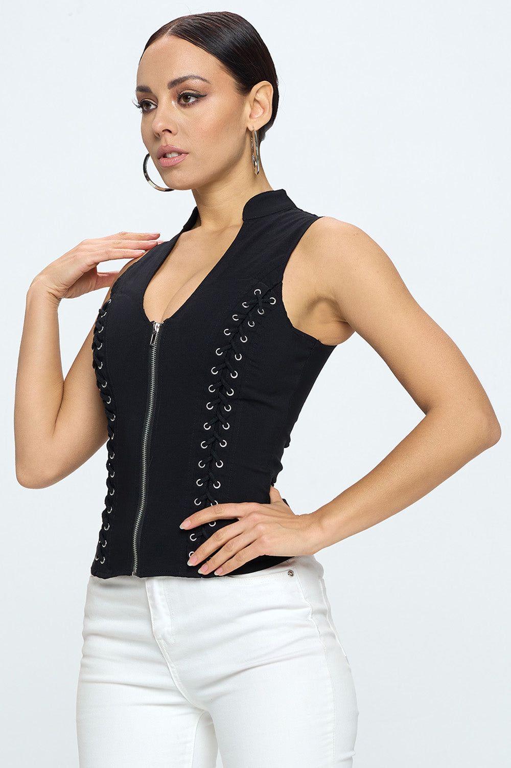 Siren lace-up cutout sleeveless top in black, side view