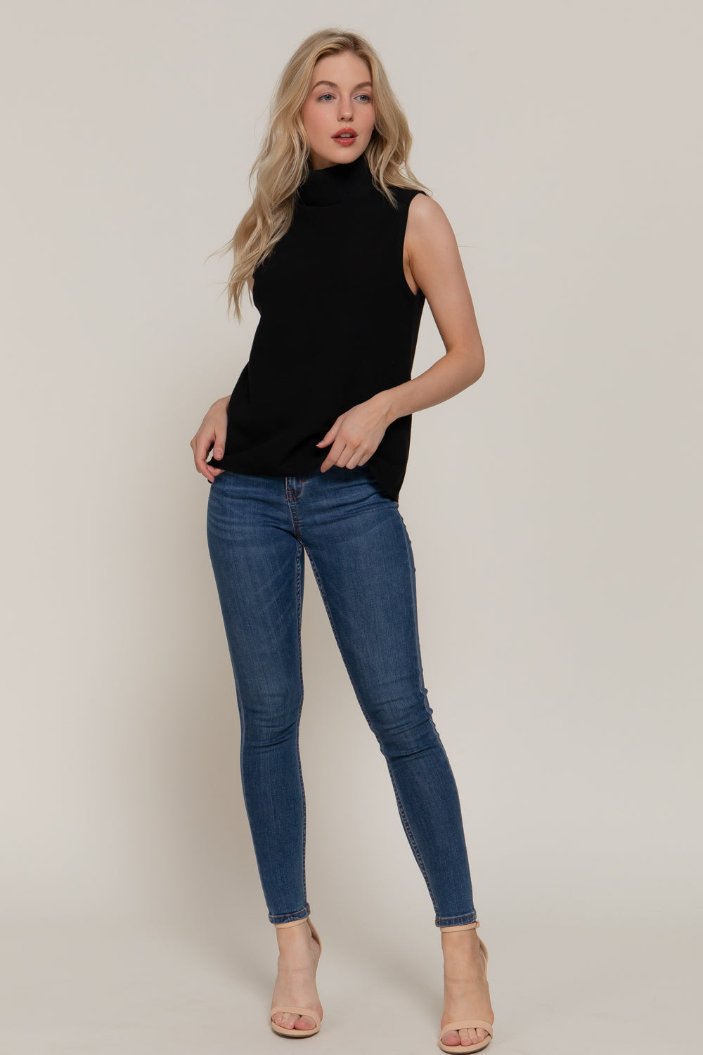 Soft Ribbed Sleeveless Turtleneck Top – Black, Mocha & Light Beige – Black – View 4