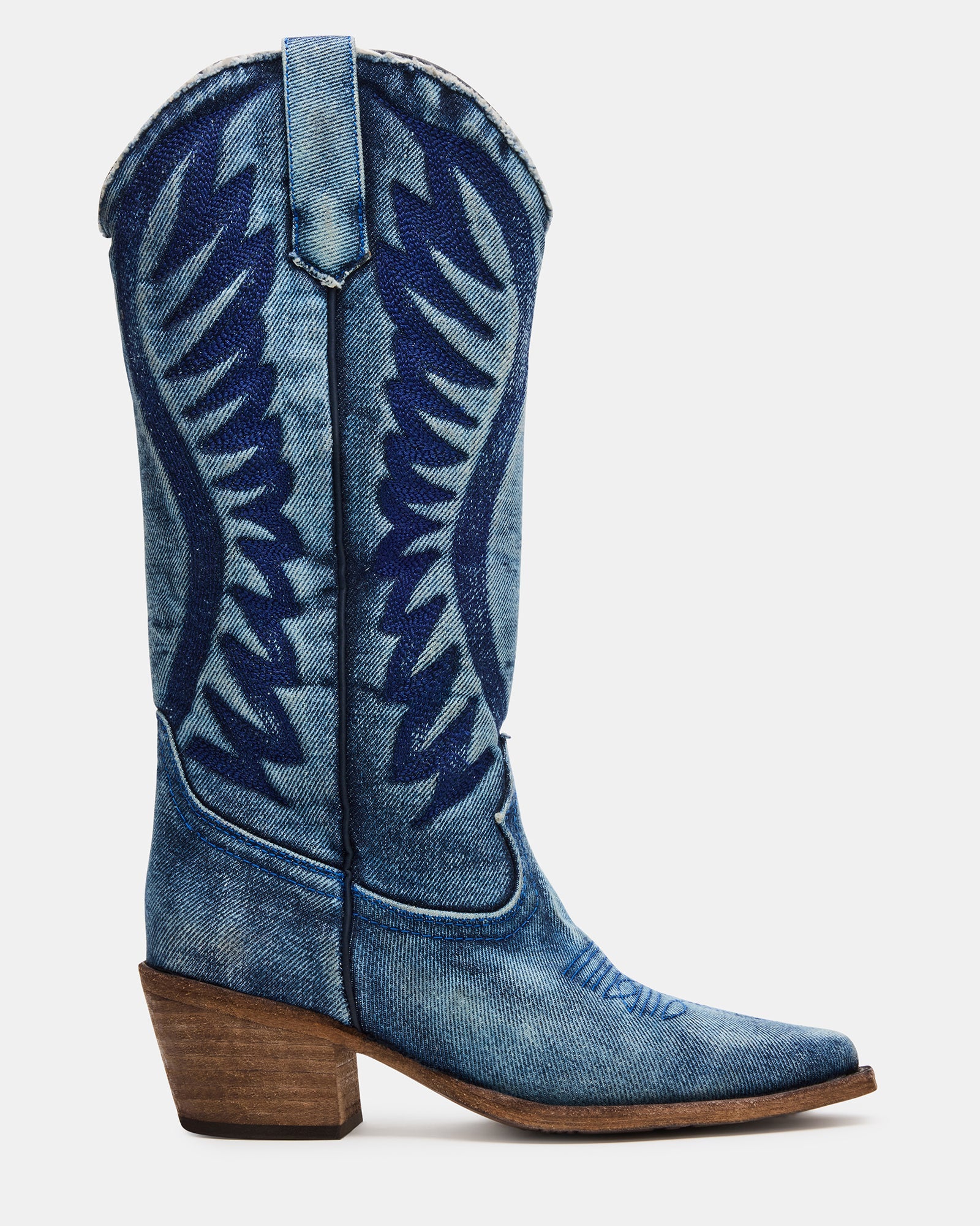 Steve Madden Albany denim fabric Western boots with pointed toes and Western stitching, showcasing stylish design and craftsmanship.