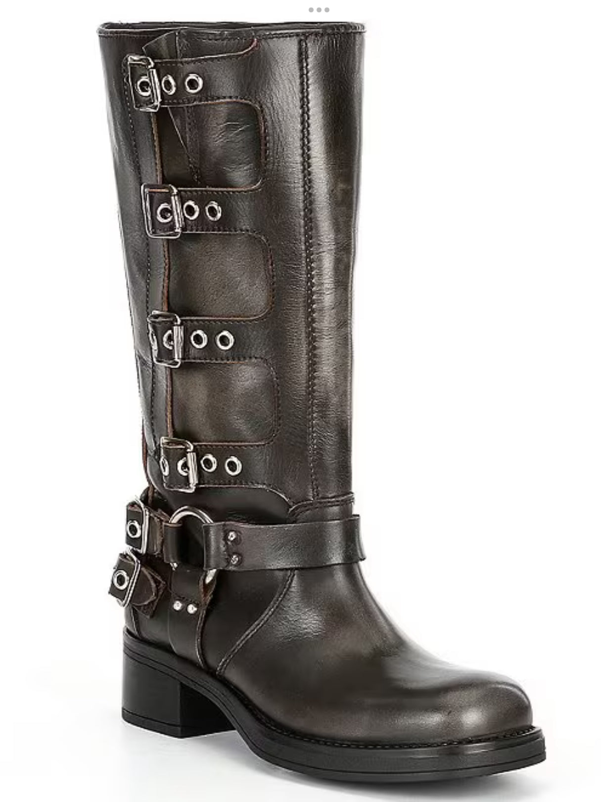 Steve Madden Brocks distressed leather tall moto boots with rugged design and buckle details, full view of the stylish footwear.