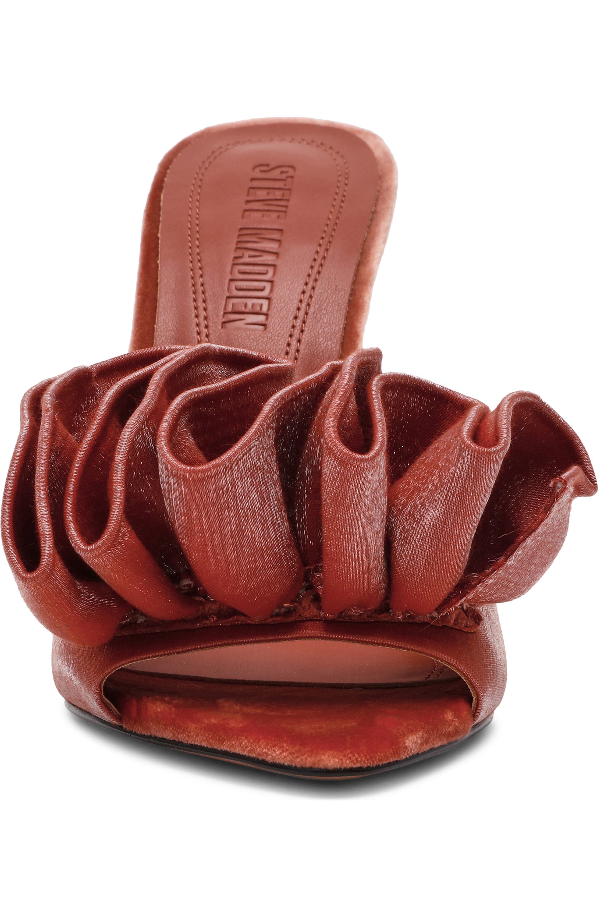 Steve Madden Affinity satin ruffle slide sandals with open toe design and stylish ruffle detail on the straps.