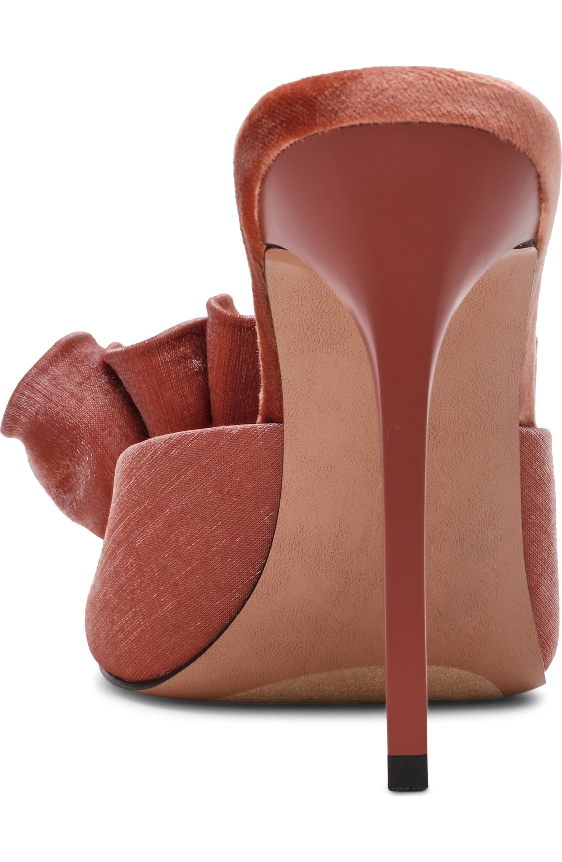 Steve Madden Affinity Satin Ruffle Slide Sandals showing satin fabric, ruffle detail, and slide design on a neutral background.