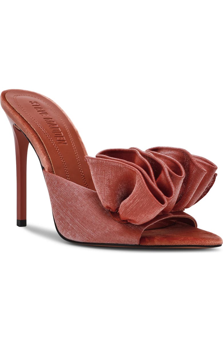 Steve Madden Affinity satin ruffle slide sandals with a stylish design and open-toe style, perfect for warm weather wear.