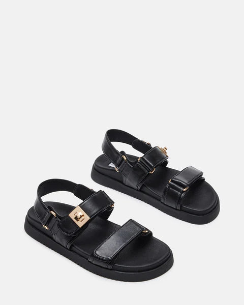 Steve Madden Mona leather sandals in black featuring open toes and ankle straps, perfect for casual summer wear.