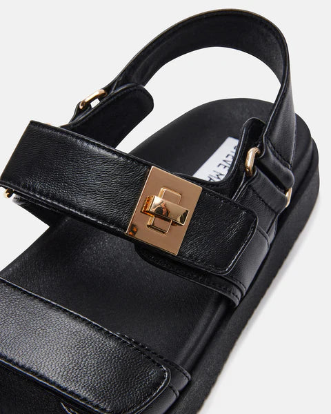 Steve Madden Mona leather sandals in black with open toe and ankle strap, stylish and comfortable footwear for warm weather.
