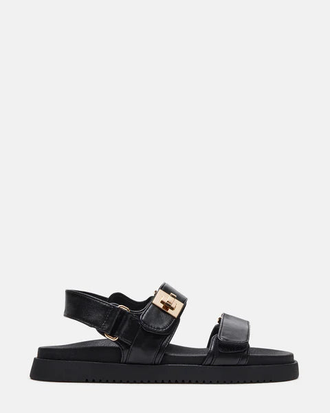 Black leather Steve Madden Mona sandals with open toe design and ankle strap, stylish and comfortable women's footwear.