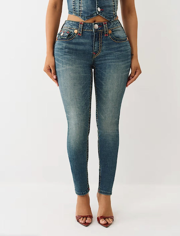 True Religion Jennie Super T mid-rise curvy skinny jeans, dark wash with subtle fading and classic stitching detail.